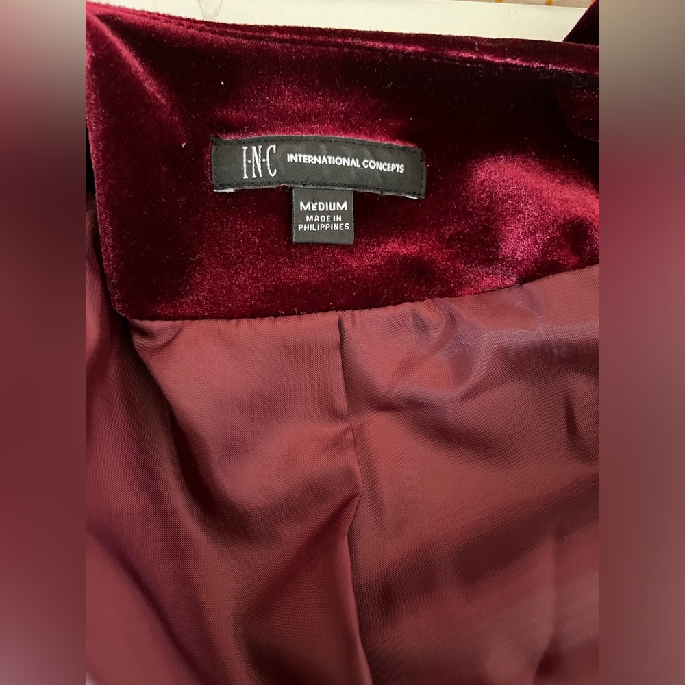 INC International Concepts Velvet Military Jacket Blazer collarless burgundy M - Picture 3 of 11